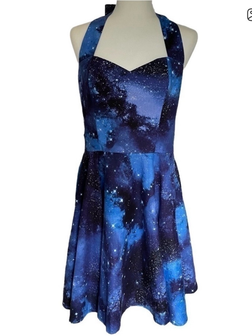 Backless Galaxy Print Halter Dress - Blue